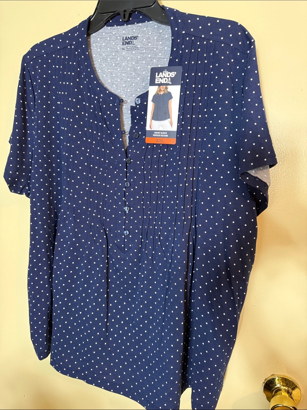 Lands' End Navy Polka Dot Short-Sleeve Pintuck Blouse
